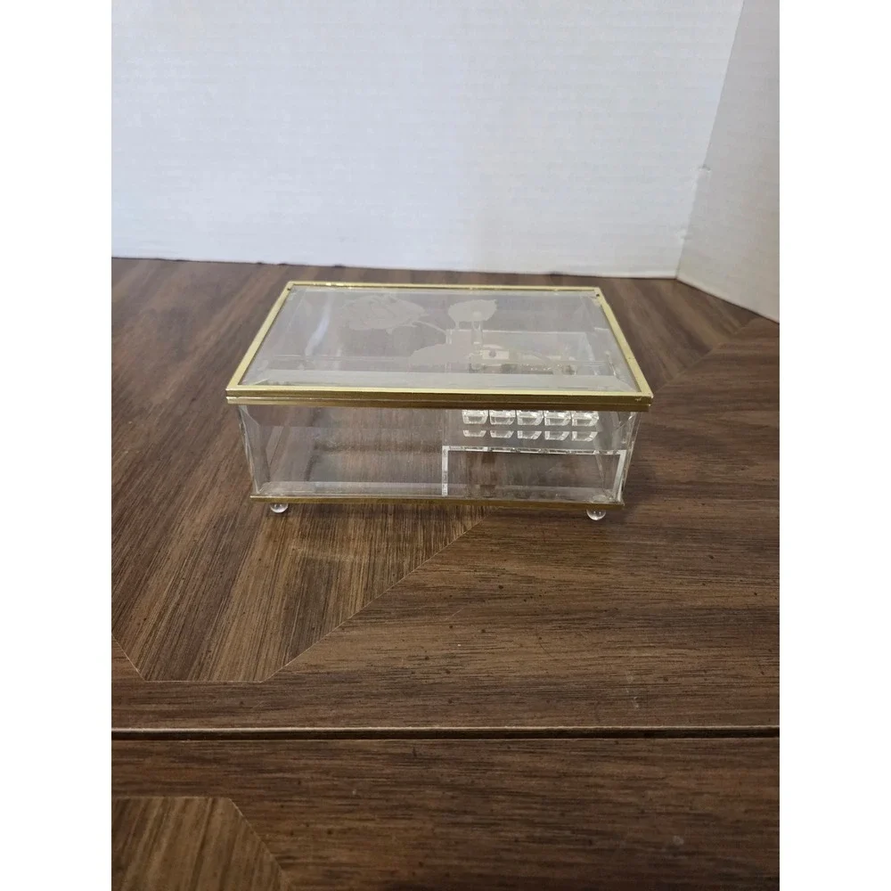 Vintage Clear Acrylic Music Jewelry Box Etched Rose Gold Tone Trim 6in